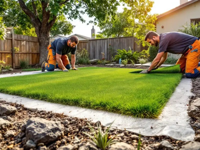 Backyard with new artificial turf and new cabinetry
