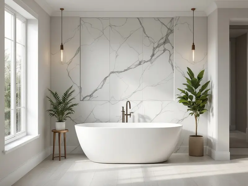 Renovated modern bathroom with vanity and shower and new cabinetry