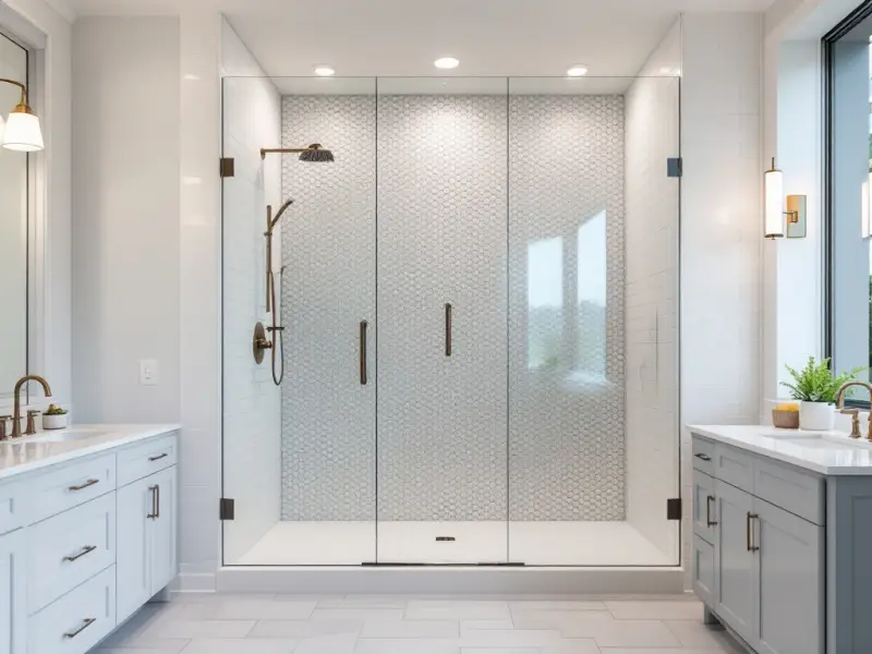 Bright bathroom with custom tile and glass enclosure