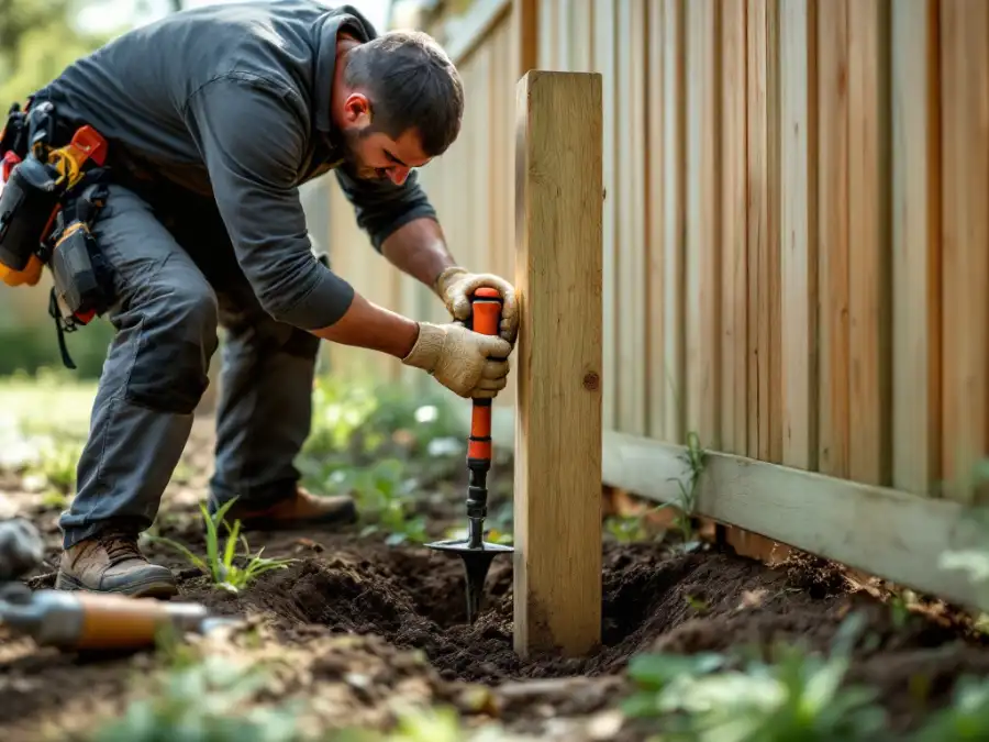 Fence installer setting a post in the yard