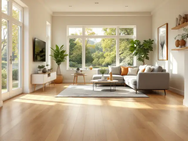 Living room with newly installed flooring