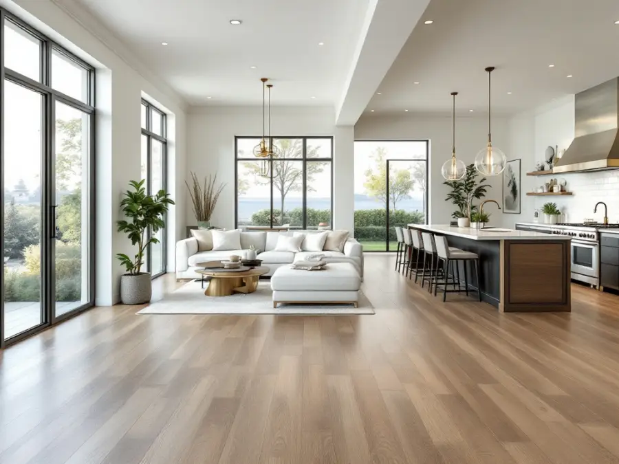 Living room with newly installed hardwood flooring