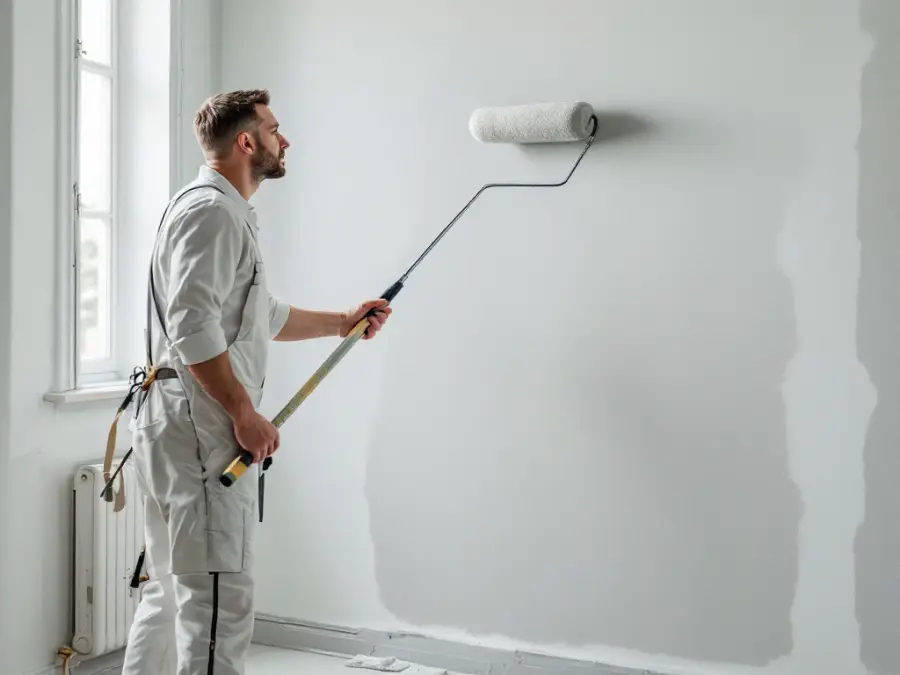 Professional painter rolling fresh paint on a wall