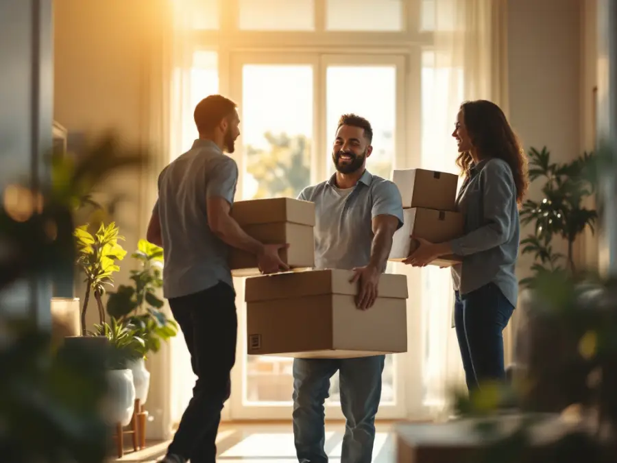 Movers carrying boxes and furniture into a new home