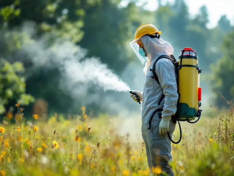 Pest control technician treating a home exterior