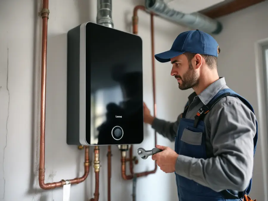 Licensed plumber installing a tankless water heater